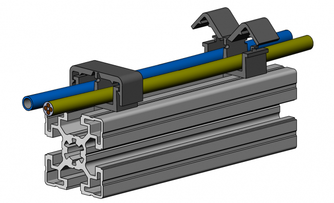 Kabelclip 2-Kammer, Haltering, Kabelführung, Schlauchführung Haltering, Kabelführung, Schlauchführung, Leitungsführung, Installationselemente, Flexibel, elastisch, dynamisch, Kabelfixierung, Leitungsfixierung, Kabelhalter, Zugentlastung, Kabelhalterung, Kabelklemme, Aluprofiltechnik