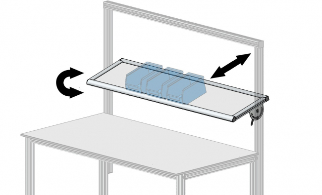 MBA, Ablage, Schwenkablage, Erweiterung, ergonomischer Arbeitsplatz, Ergonomie, Gesundheit am Arbeitsplatz, Logistikplatz, Logistikarbeitsplatz, Versandplatz, Werkbank, Systemplatz, Montageplatz, Modular, Arbeitstisch, Arbeitsstation