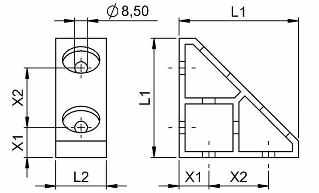 Eckwinkel gezogen lang, Winkel, Eckwinkel, Winkelverbinder Eckwinkel gezogen lang, Eckwinkel, Winkel, Verbindung, Verbinderkwinkel, Maßzeichnung, Zeichnung