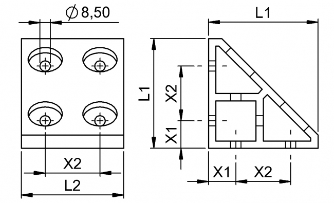Eckwinkel gezogen Doppelnut, Winkel, Eckwinkel, Winkelverbinder Winkel, Eckwinkel, Winkelverbinder, Gusswinkel, Aluwinkel, Verbinder, Verbindungselement, Knotenelement