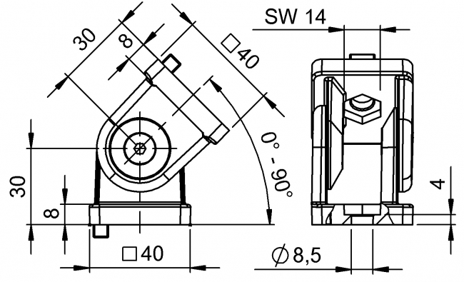 Gelenk 40x40, Winkelverbinder, Stufenlos Winkelverbinder, Gelenke Stufenlos, Gradverbinder, Schrägverbinder, Diagonalverbinder, Diagonalstrebe
