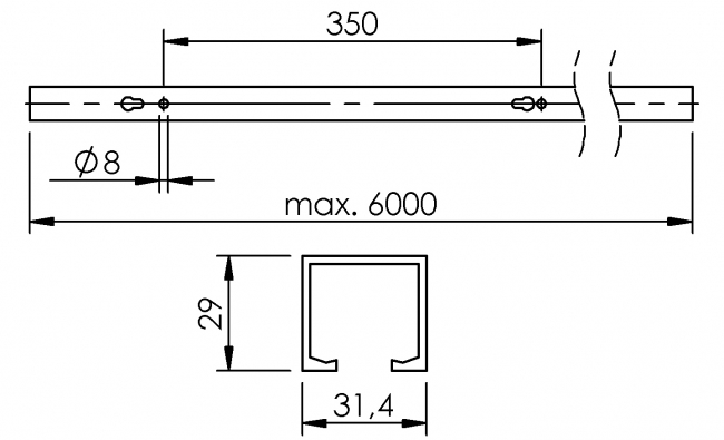 Laufschienenprofil, Schiene, Laufrolle, Laufkatze Schiene, Laufrolle, Hängeschiene, Aufhängung, Rolle, Laufkatze, Laufschlitten, Rollschiene, Abhängung, Balancer, Aufhängung, Laufschlitten