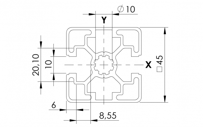 Profil 45 x 45 2N, Profil 45, 2N, Profil, Grundprofil, Aluminiumprofil, Systemprofil, Aluprofil, Maschinenbauprofil, Raster 45, Nut 10, Aluprofiltechnik