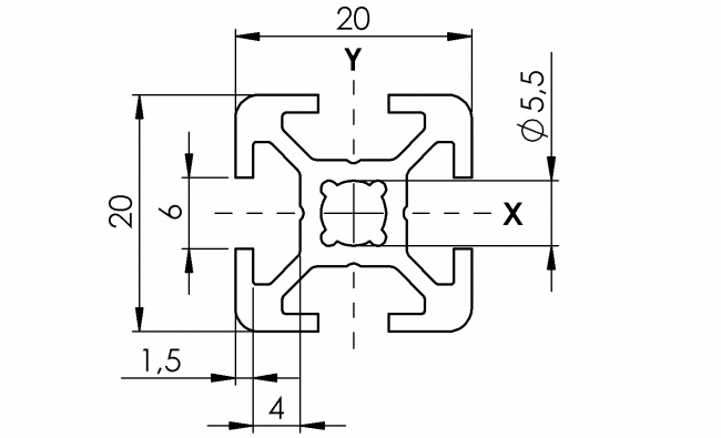 Profil 20 x 20, Aluminiumprofil, Systemprofil, Maschinenbauprofil Profil 20 x 20, Profil 20, Profil, Grundprofil, Aluminiumprofil, Systemprofil, Aluprofil, Maschinenbauprofil, Raster 20, Nut 6