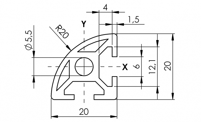 Profil 20 x 20 Radius, Aluminiumprofil, Systemprofil, Maschinenbauprofil Profil 20 x 20 Radius, Profil 20, Profil, Grundprofil, Radius