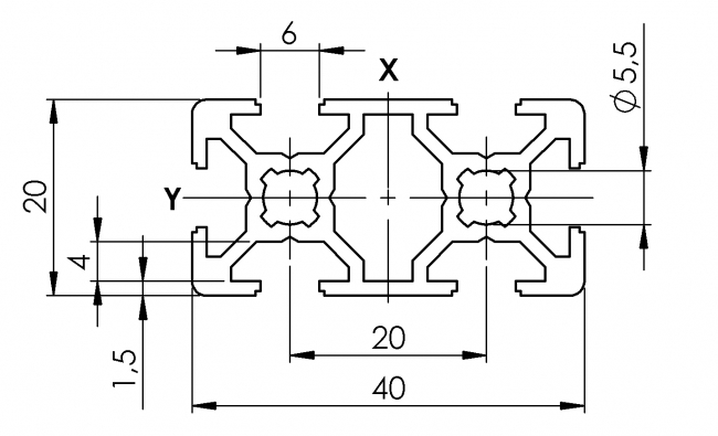 Profil 20 x 40, Profil 20, Profil, Grundprofil, Aluminiumprofil, Systemprofil, Aluprofil, Maschinenbauprofil, Raster 20, Nut 6