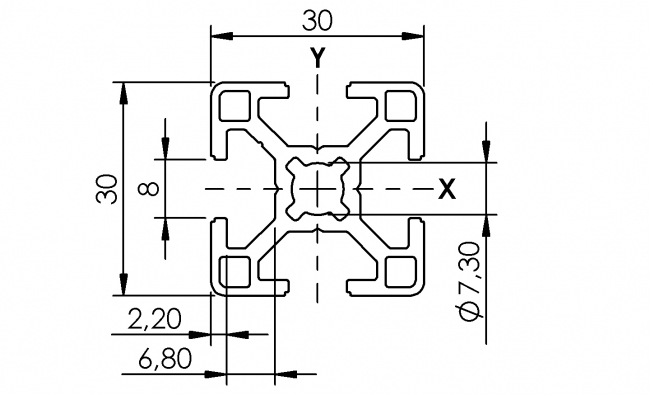 Profil 30 x 30  Profil 30, Profil, Grundprofil, Aluminiumprofil, Systemprofil, Aluprofil, Maschinenbauprofil, Raster 30, Nut 8, Aluprofiltechnik
