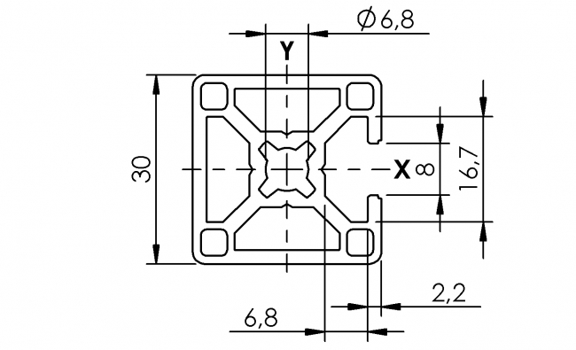 Profil 30 x 30 1N, Aluminiumprofil, Systemprofil, Maschinenbauprofil Profil 30 x 30 1N, Profil 30, Profil, Grundprofil, Aluminiumprofil, Systemprofil, Aluprofil, Maschinenbauprofil, Raster 30, Nut 8, Aluprofiltechnik