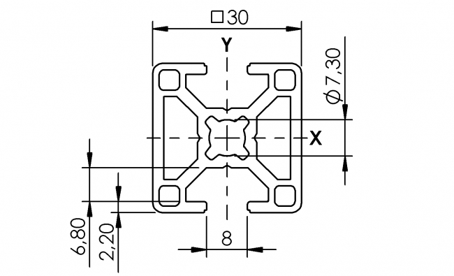 Profil 30 x 30 2N-180 Grad, Profil 30, Profil, Grundprofil, Aluminiumprofil, Systemprofil, Aluprofil, Maschinenbauprofil, Raster 30, Nut 8, Aluprofiltechnik