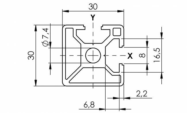 Profil 30 x 30 2N-90 Grad, Aluminiumprofil, Systemprofil, Maschinenbauprofil Profil 30 x 30 2N-90 Grad, 2N, Profil 30, Profil, Grundprofil, Aluminiumprofil, Systemprofil, Aluprofil, Maschinenbauprofil, Raster 30, Nut 8, Aluprofiltechnik