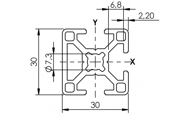 Profil 30 x 30 3N, 3N, Profil 30, Profil, Grundprofil, Aluminiumprofil, Systemprofil, Aluprofil, Maschinenbauprofil, Raster 30, Nut 8, Aluprofiltechnik