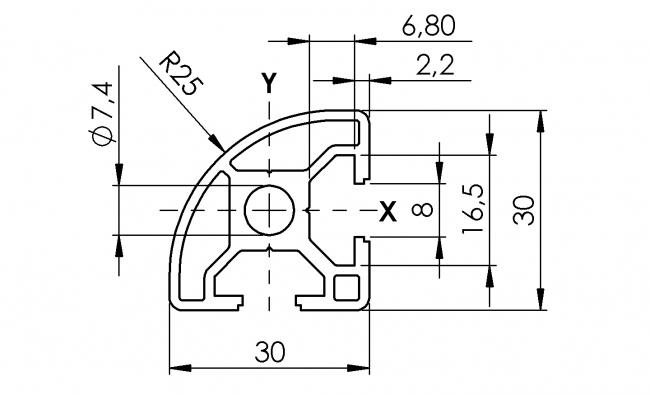 Profil 30 x 30 Radius, Aluminiumprofil, Systemprofil, Maschinenbauprofil Profil 30 x 30 Radius, Profil 30, Profil, Grundprofil, Radius