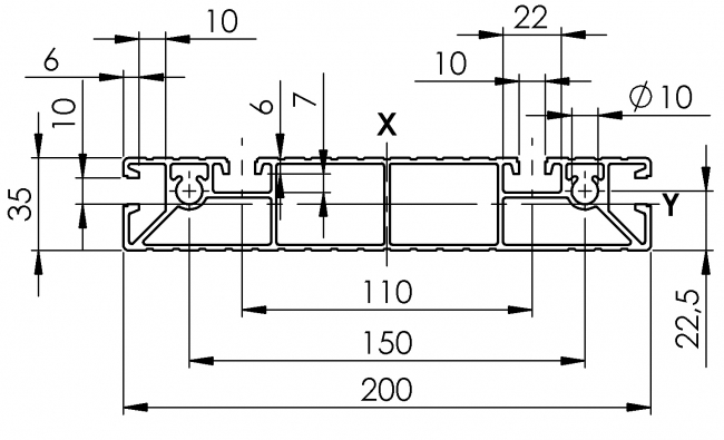 Profil 35 x 200, Aluminiumprofil, Systemprofil, Maschinenbauprofil Profil 35 x 200, Profil 35, Profil 200, Profil, Grundprofil, Aluminiumprofil, Systemprofil, Aluprofil, Maschinenbauprofil, Raster 45, Nut 10, Aluprofiltechnik