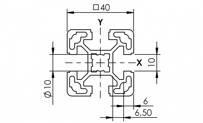 Profil 40 x 40, Aluminiumprofil, Systemprofil, Maschinenbauprofil Profil 40 x 40, Profil 40, Profil, Grundprofil, Aluminiumprofil, Systemprofil, Aluprofil, Maschinenbauprofil, Raster 40, Nut 10, Aluprofiltechnik