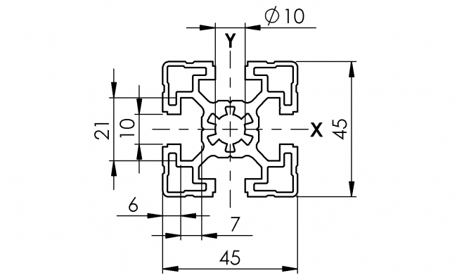 Profil 45 x 45, Profil 45, Profil, Grundprofil, Aluminiumprofil, Systemprofil, Aluprofil, Maschinenbauprofil, Raster 45, Nut 10, Aluprofiltechnik