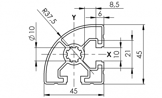 Profil 45 x 45 Radius, Aluminiumprofil, Systemprofil, Maschinenbauprofil Profil 45 x 45 Radius, Profil 45, Profil, Radius, Grundprofil