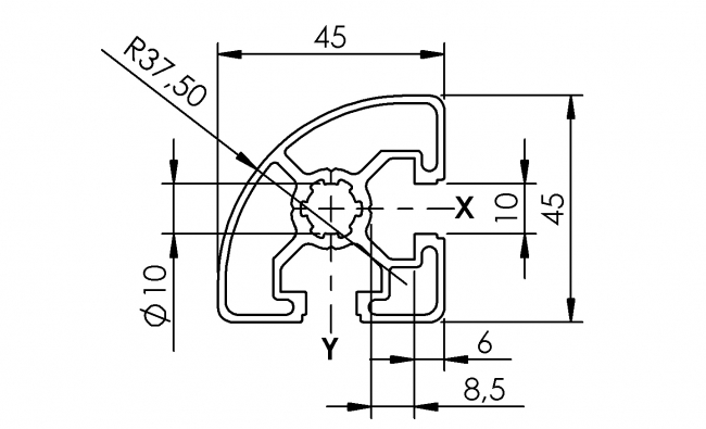 Profil 45 x 45 Radius, Aluminiumprofil, Systemprofil, Maschinenbauprofil Profil 45 x 45 Radius, Profil 45, Profil, Radius, Grundprofil