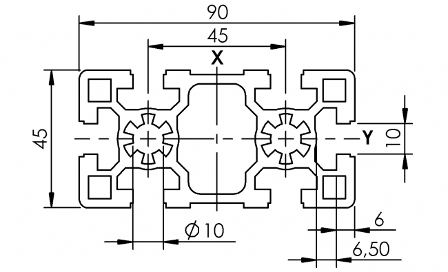 Profil 45 x 90, Profil 45, Profil, Grundprofil, Aluminiumprofil, Systemprofil, Aluprofil, Maschinenbauprofil, Raster 45, Nut 10, Aluprofiltechnik