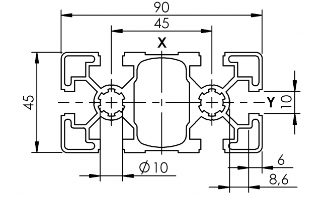 Profil 45 x 90 leicht, Profil 45, leicht, Profil, Grundprofil, Aluminiumprofil, Systemprofil, Aluprofil, Maschinenbauprofil, Raster 45, Nut 10, Aluprofiltechnik