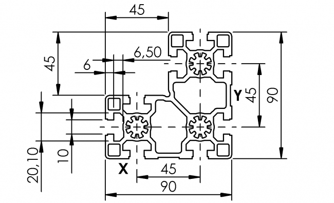 Profil 45 x 90 x 90, Profil 45, Profil, Grundprofil, Aluminiumprofil, Systemprofil, Aluprofil, Maschinenbauprofil, Raster 45, Nut 10, Aluprofiltechnik