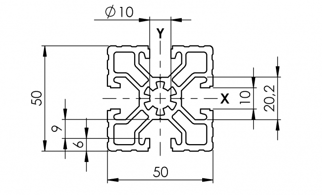 Profil 50 x 50, Profil 50, Profil, Grundprofil, Aluminiumprofil, Systemprofil, Aluprofil, Maschinenbauprofil, Raster 50, Nut 10, Aluprofiltechnik