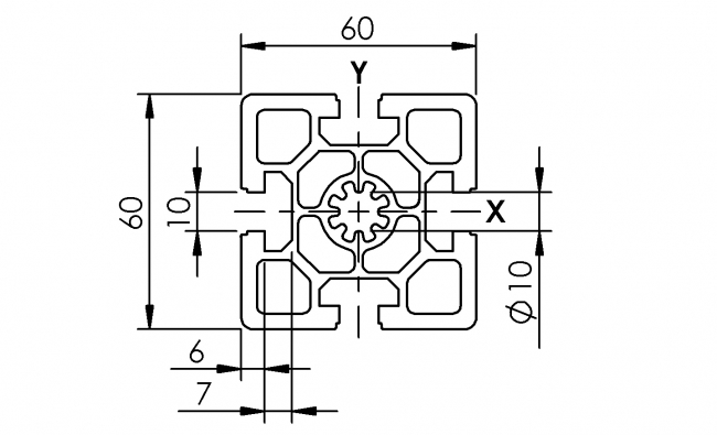 Profil 60 x 60, Profil 60, Profil, Grundprofil, Aluminiumprofil, Systemprofil, Aluprofil, Maschinenbauprofil, Raster 60, Nut 10, Aluprofiltechnik