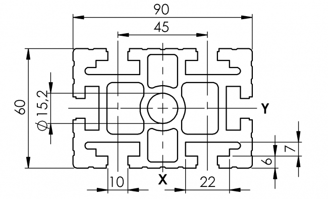 Profil 60 x 90, Aluminiumprofil, Systemprofil, Aluprofil, Maschinenbauprofil, Raster 45, Raster 60, Nut 10, Aluprofiltechnik