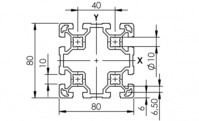 Profil 80 x 80, Profil 80, Profil, Grundprofil, Aluminiumprofil, Systemprofil, Aluprofil, Maschinenbauprofil, Raster 40, Nut 10, Aluprofiltechnik