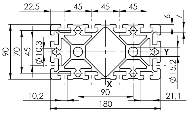 Profil 90 x 180, Profil 90, Profil, Grundprofil, Aluminiumprofil, Systemprofil, Aluprofil, Maschinenbauprofil, Raster 45, Nut 10, Aluprofiltechnik