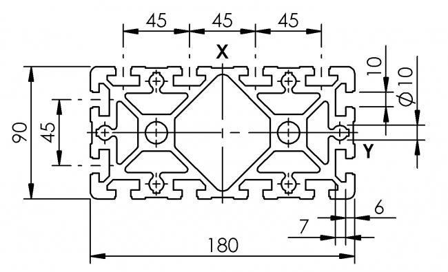 Profil 90 x 180, Profil 90, Profil, Grundprofil, Aluminiumprofil, Systemprofil, Aluprofil, Maschinenbauprofil, Raster 45, Nut 10, Aluprofiltechnik