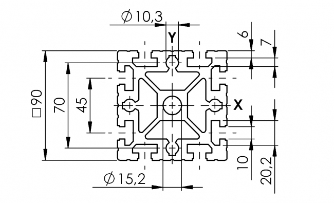 Profil 90 x 90, Profil 90, Profil, Grundprofil, Aluminiumprofil, Systemprofil, Aluprofil, Maschinenbauprofil, Raster 45, Nut 10, Aluprofiltechnik