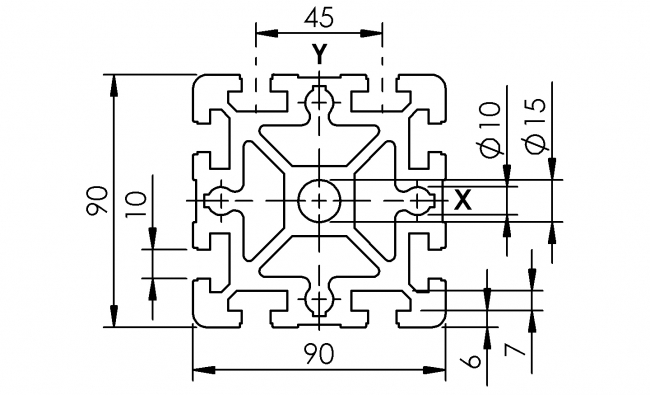 Profil 90 x 90, Aluminiumprofil, Systemprofil, Maschinenbauprofil Profil 90 x 90, Profil 90, Profil, Grundprofil, Aluminiumprofil, Systemprofil, Aluprofil, Maschinenbauprofil, Raster 45, Nut 10, Aluprofiltechnik