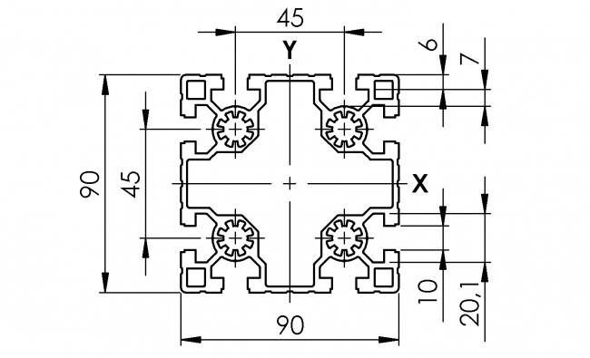 Profil 90 x 90 leicht, Profil 90, Profil, leicht, Grundprofil, Aluminiumprofil, Systemprofil, Aluprofil, Maschinenbauprofil, Raster 45, Nut 10, Aluprofiltechnik