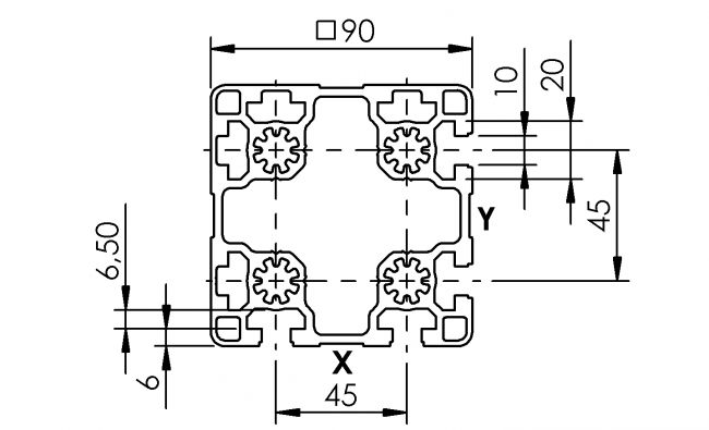 Profil 90 x 90, Profil 90, 4N, Profil, Grundprofil, Aluminiumprofil, Systemprofil, Aluprofil, Maschinenbauprofil, Raster 45, Nut 10, Aluprofiltechnik