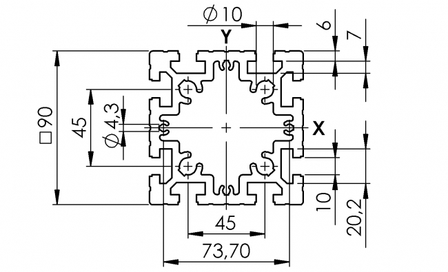 Profil 90 x 90 mittel, Profil 90, mittel, Profil, Grundprofil, Aluminiumprofil, Systemprofil, Aluprofil, Maschinenbauprofil, Raster 45, Nut 10, Aluprofiltechnik