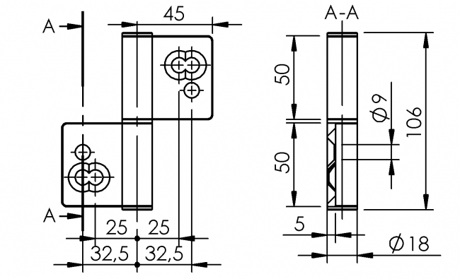 Scharnier 45/60 innen/außen, Angel, Gelenk, Beschlag Angel, Gelenk, Beschlag, Drehgelenk, Haspe